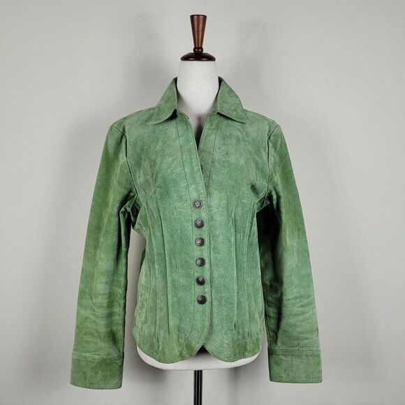Green Suede Jacket Womens Small Leather Short Western Boho Snaps Festival Rodeo - Picture 1 of 8